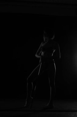 Kısa donlu güzel bir kadın silueti. Karanlık stüdyo arka planında poz veriyor.    