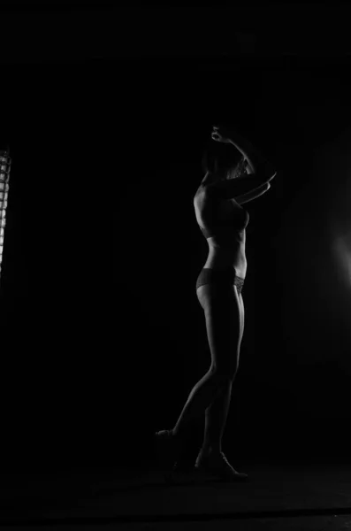 Силуэт Красивой Женщины Коротким Слухом Нижнем Белье Позирует Темном Фоне — стоковое фото