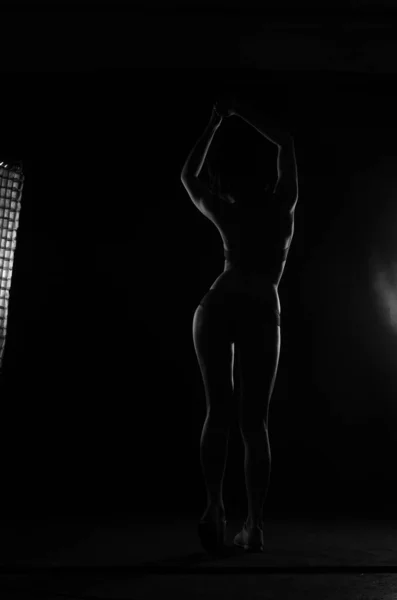 Silhouette Beautiful Woman Short Hear Lingerie Posing Dark Studio Background — Stock Photo, Image