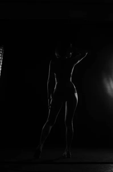 희미하게 들리는 아름다운 여인의 실루엣이 어두운 녹음실 의상을 — 스톡 사진