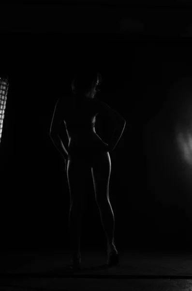 Силуэт Красивой Женщины Коротким Слухом Нижнем Белье Позирует Темном Фоне — стоковое фото