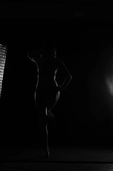 美しい女のシルエットでランジェリー姿でダークスタジオの背景にポーズ — ストック写真
