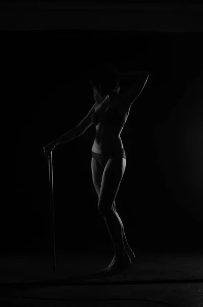 Kısa Donlu Güzel Bir Kadın Silueti Karanlık Stüdyo Arka Planında — Stok fotoğraf