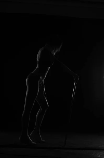 희미하게 들리는 아름다운 여인의 실루엣이 어두운 녹음실 의상을 — 스톡 사진