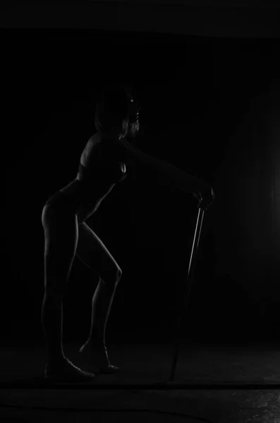 Kısa Donlu Güzel Bir Kadın Silueti Karanlık Stüdyo Arka Planında — Stok fotoğraf