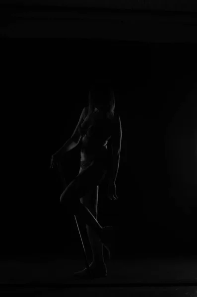 Силует Красивої Жінки Коротким Слухом Спідній Білизні Позує Темному Студійному — стокове фото