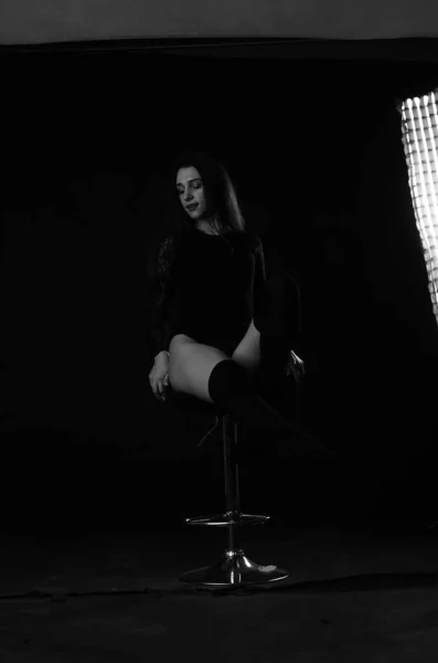 Beautiful Brunette Young Woman Black Bodysuit Posing Dark Studio Background — Stock Photo, Image