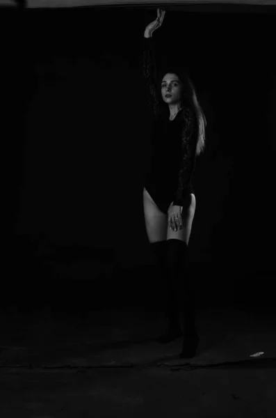 Beautiful Brunette Young Woman Black Bodysuit Posing Dark Studio Background — Stock Photo, Image