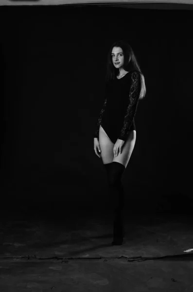 Beautiful Brunette Young Woman Black Bodysuit Posing Dark Studio Background — Stock Photo, Image