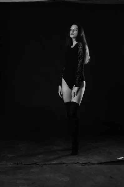 Beautiful Brunette Young Woman Black Bodysuit Posing Dark Studio Background — Stock Photo, Image