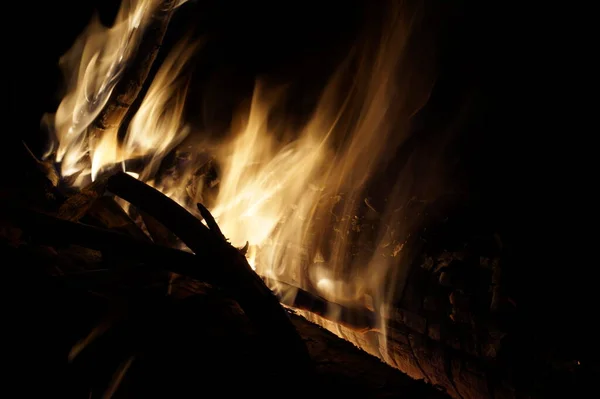 Feuer brennt Bäume in der Nacht. Große orangefarbene Flamme isoliert auf schwarzem Hintergrund. Feuer auf schwarz. Hell, Hitze, Licht, Zelten, großes Lagerfeuer — Stockfoto