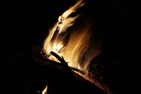 Bonfire brandende bomen 's nachts. Grote oranje vlam geïsoleerd op een zwarte achtergrond. Vuur op zwart. Helder, hitte, licht, kamperen, groot kampvuur — Stockfoto