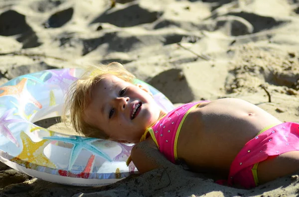 Happy Smiling Girl Lying Sand Sunlight — Photo