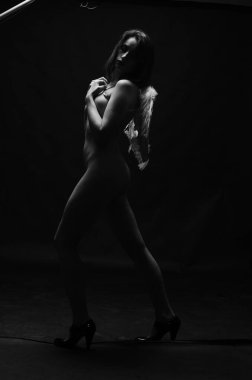 Dekoratif melek kanatları takan çıplak bir kadın. Karanlık arka planda poz veriyor.    