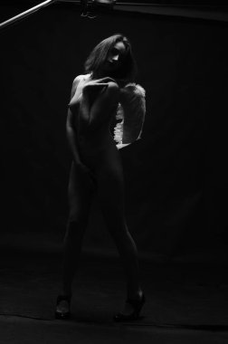 Dekoratif melek kanatları takan çıplak bir kadın. Karanlık arka planda poz veriyor.    