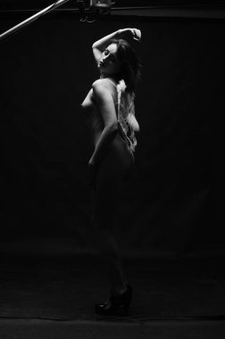 Dekoratif melek kanatları takan çıplak bir kadın. Karanlık arka planda poz veriyor.    