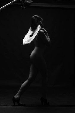 Dekoratif melek kanatları takan çıplak bir kadın. Karanlık arka planda poz veriyor.    