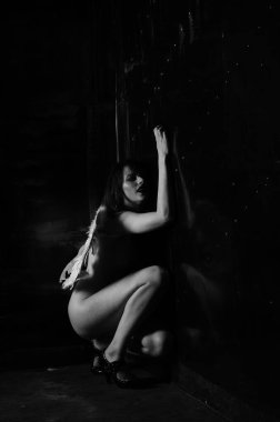 Dekoratif melek kanatları takan çıplak bir kadın. Karanlık arka planda poz veriyor.    