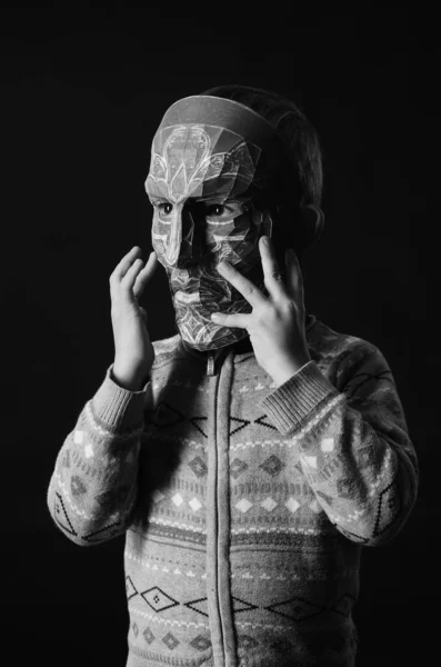 Boy Mask Face Posing Studio Black White — Foto Stock