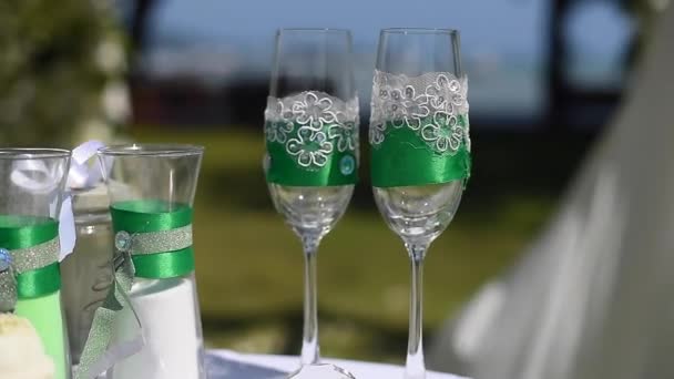 Weiße Hochzeitsdekorationen Auf Grünem Rasen Liegestühle Für Gäste Sonniger Tag — Stockvideo