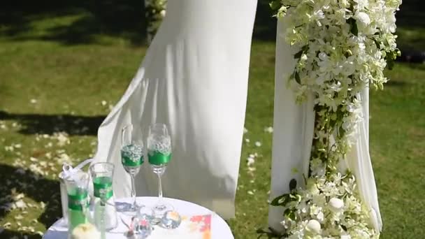 Decoraciones Boda Blancas Césped Verde Día Soleado — Vídeos de Stock