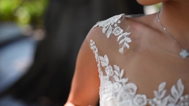 Schöne Braut Mit Maniküre Berührt Kleid — Stockvideo