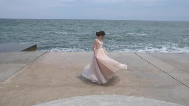 Girl Evening Dress Spinning Sea — Stock Video