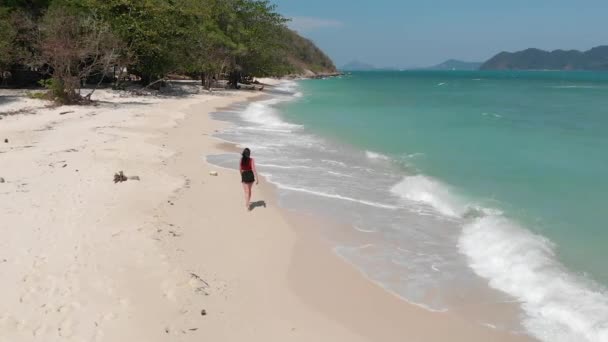 Meisje Loopt Langs Een Breed Strand Aan Oceaan — Stockvideo