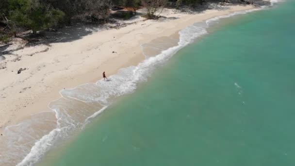 Mädchen Läuft Einem Breiten Strand Meer Entlang — Stockvideo