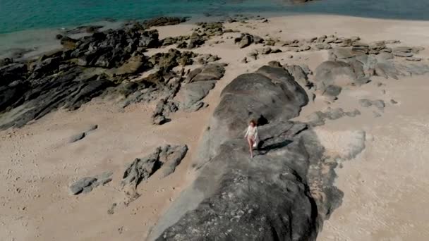 Kız Kumkayalar Üzerinde Yürür Okyanus Yakınında — Stok video