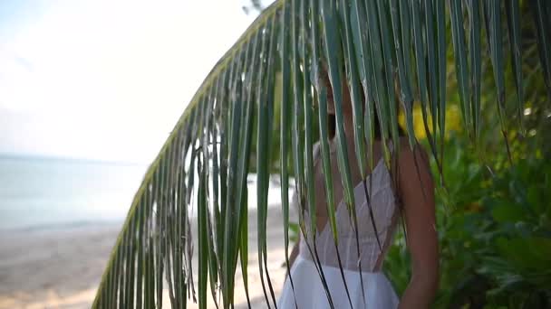 Cara beija uma menina através de folhas de palma em uma ilha tropical — Vídeo de Stock