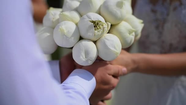Nevěsta a ženich stojí u oltáře, drží se za ruce, svatební kytici. Slibte — Stock video