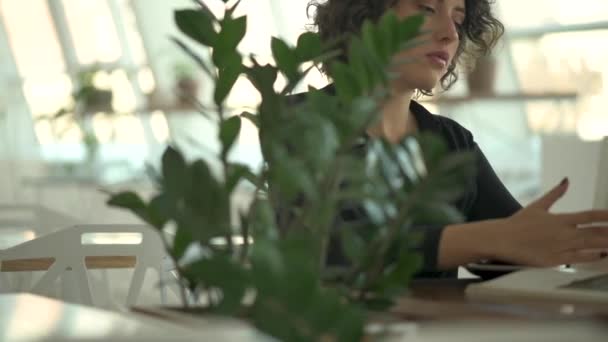 Het Meisje Zit Een Café Drinkt Koffie — Stockvideo