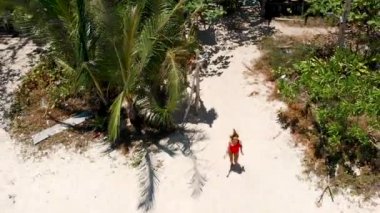 Kız palmiyelerin arasında koşuyor ve okyanusa dalıyor.