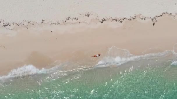 Het Meisje Zwemt Schoon Transparant Water Vanuit Lucht — Stockvideo