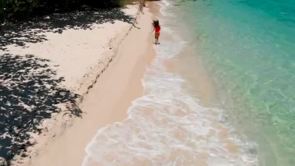 Une Fille Maillot Bain Rouge Longe Océan Par Une Journée — Video