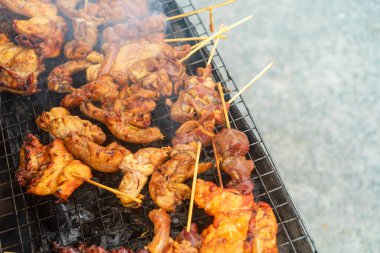 Izgara ızgarada cızırdayan ağız sulandıran çeşitli et şişleri dumanla çevrili, açık hava yemekleri ve lezzet dolu yemekler için mükemmel..