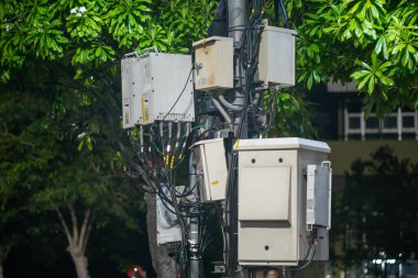Ağ ekipmanlarının detaylı bir görüntüsü elektrik direğine monte edilmiş, yemyeşil yeşilliklerle çevrili. Görüntü kentsel altyapı ve telekomünikasyon teknolojisini temsil ediyor.