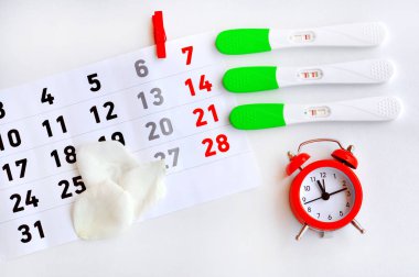Yumurtlama takvim ve kırmızı saat şerit sınayın. Testleri üç farklı sonuçlar belgili tanımlık sınav Aferin değil göstermek. Steril gün. Olumlu sonuç, Bebek bir zamanı. Kadın hastalıkları kavramı 