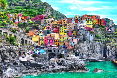 Gül desenli Manarola şehrin güzel manzara beş ünlü renkli köyleri, Cinque Terre Milli Parkı İtalya, deniz ve kara üzerinde dik kayalıklarla arasında askıya biridir. Liguria bölgesinin İtalya, Europe.