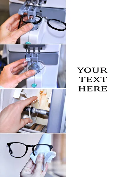 Collage Imagen Del Proceso Fabricación Las Gafas Cuidado Salud Concepto —  Fotos de Stock