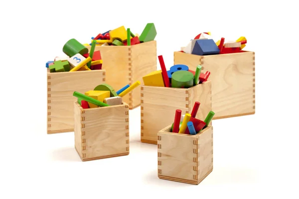 Six Wooden Boxes Very Many Toys — Stock Photo, Image