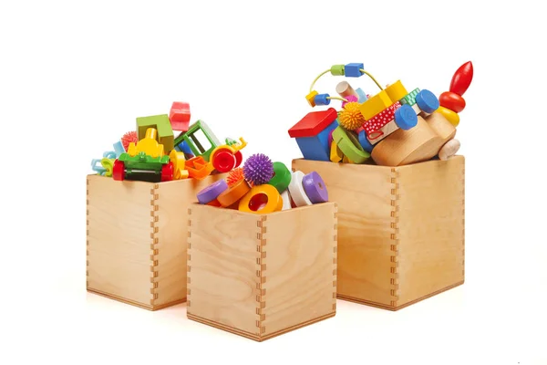 Drie Houten Kisten Met Heel Veel Speelgoed — Stockfoto