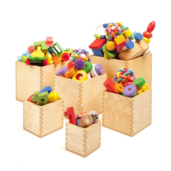 Six Wooden Boxes Very Many Toys — Stock Photo, Image
