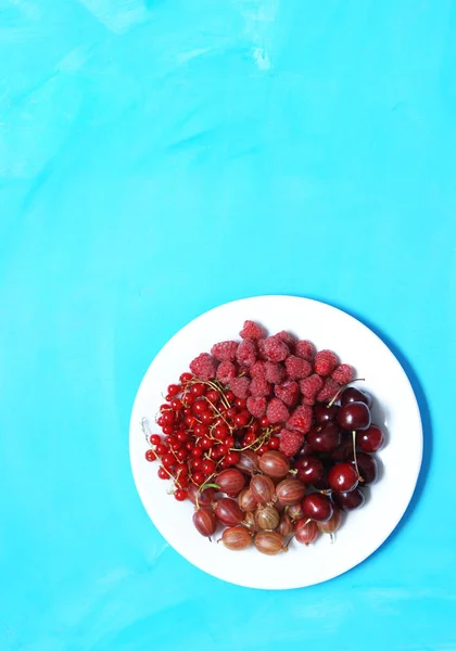 Gyümölcs Tál Málna Egres Ribizli Cseresznye — Stock Fotó