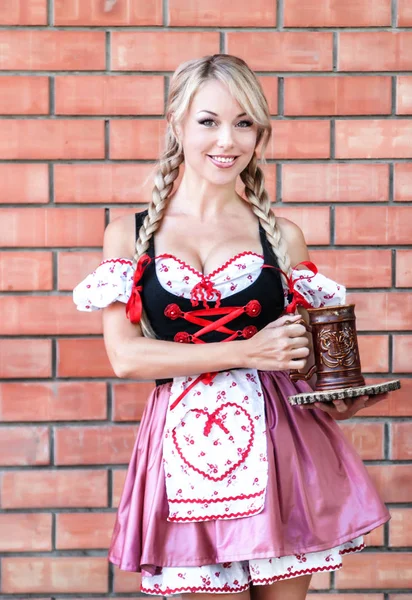 Beautiful Woman Drinks Beer Octoberfest Dress — Stock Photo, Image