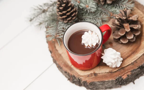 Red Cup Hot Cocoa Wooden Stand — Stock Photo, Image