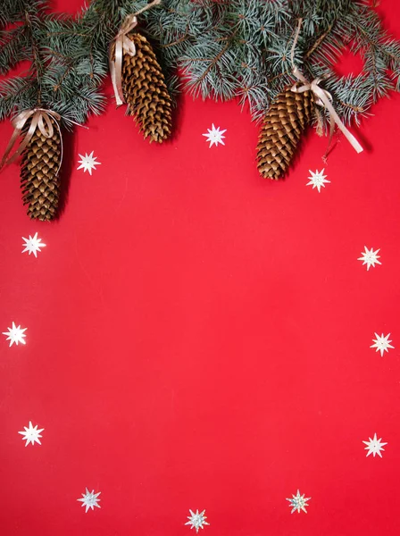 Pinecones Fundo Natal Vermelho — Fotografia de Stock