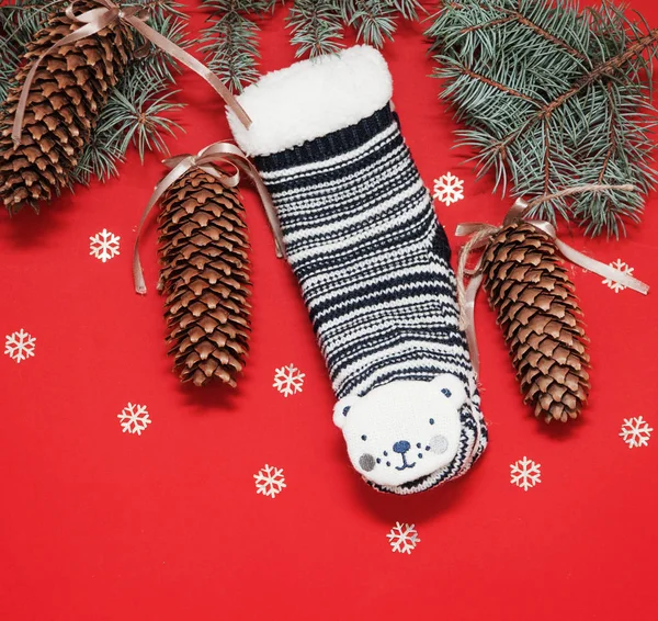 Christmas Socks Decorations Red Background — Stock Photo, Image