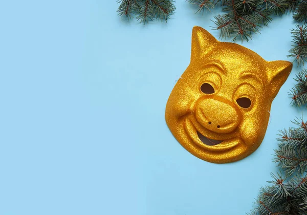 Mask of yellow pig. Symbol of 2019.
